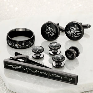 Grooms Collection: Tungsten Carbide Black Ring with Meteorite and Silver Specs