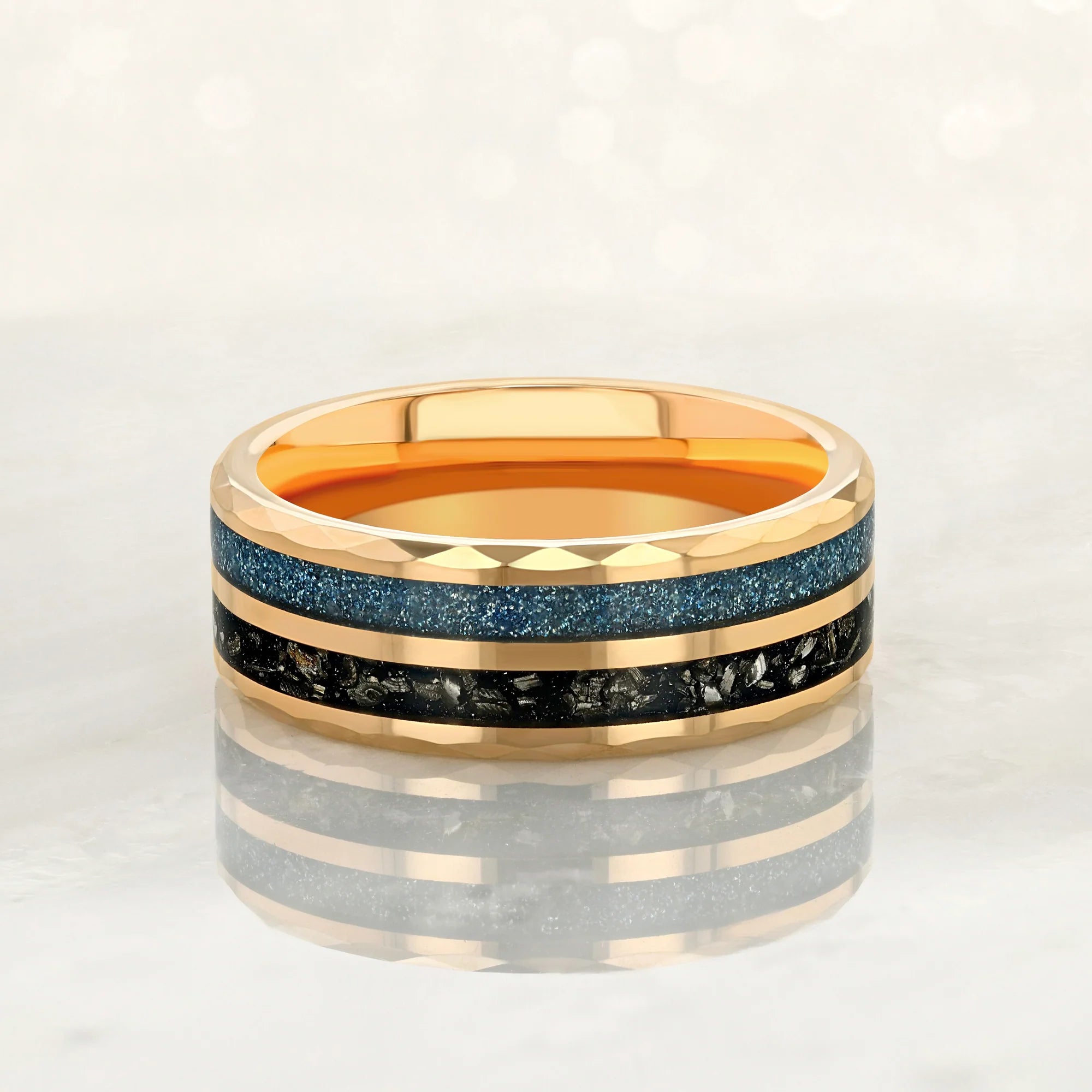 CELESTIAL Tungsten Carbide Rose Gold Ring| A Cosmic Beauty with Meteorite & Aquamarine - Pristine Pieces By Amy