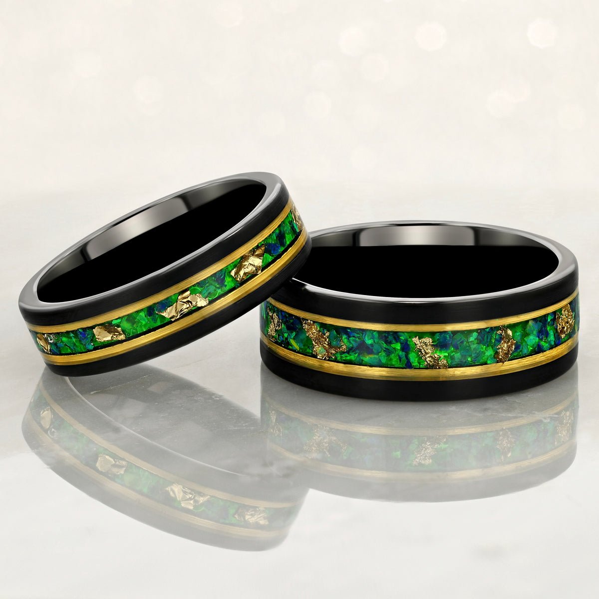 Elegant Couples Ring: Tungsten Carbide Black with Green Opal & Gold Accents - Pristine Pieces By Amy