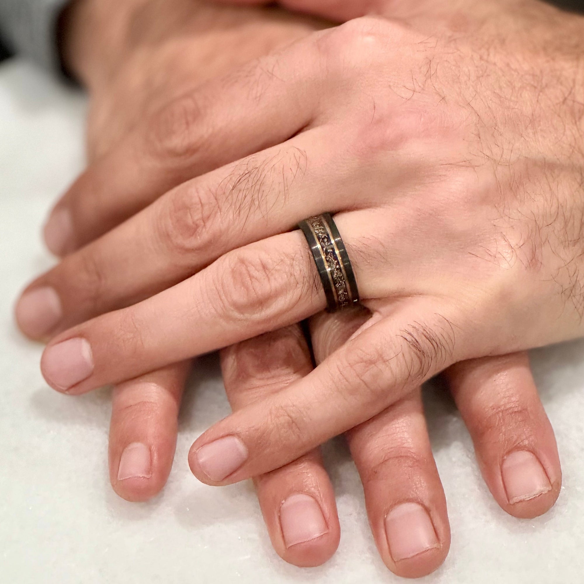 Elegant Tungsten Carbide Black Ring with Crushed Meteorite, Copper Leaf, and Rose Gold Accents - Pristine Pieces By Amy