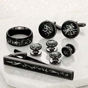 Grooms Collection: Tungsten Carbide Black Ring with Meteorite and Silver Specs - Pristine Pieces By Amy