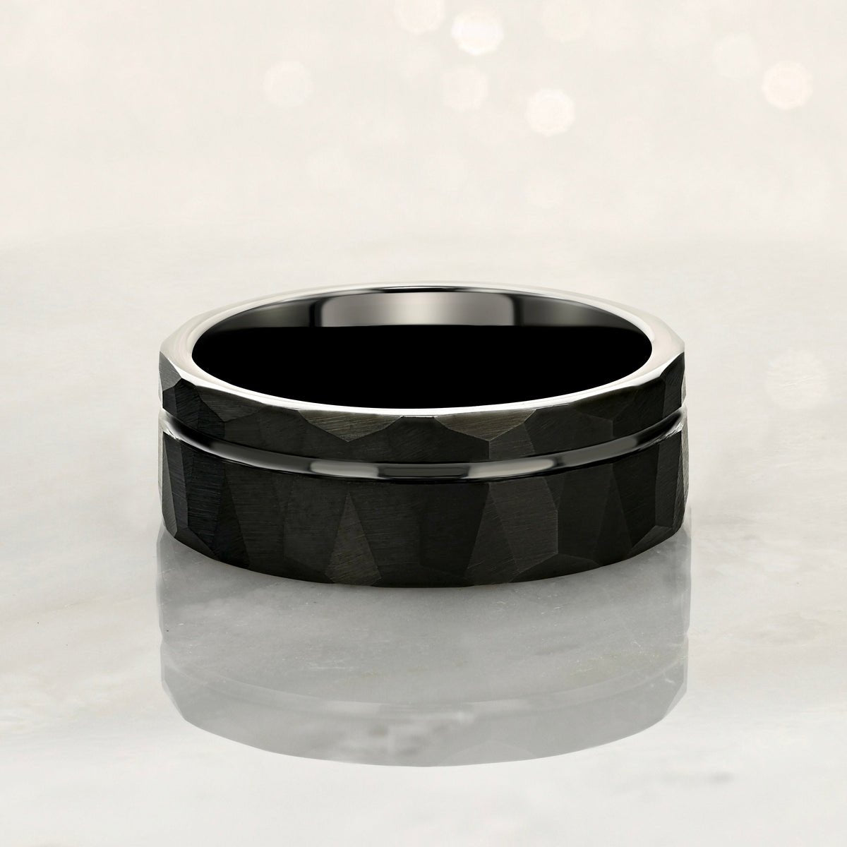 Tungsten Carbide Black Hammered Ring with Solid Black Line – Stylish & Durable - Pristine Pieces By Amy