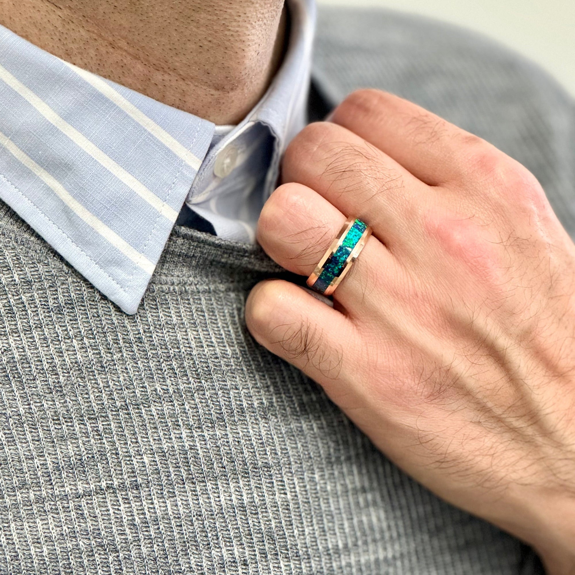 Tungsten Carbide Rose Gold Ring with Blue-Green Opal: Elegant and Durable - Pristine Pieces By Amy