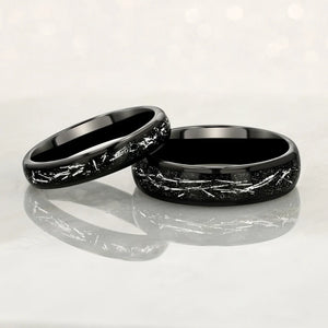 (Couples) "STARDUST"  Tungsten Carbide Black Ring 8mm, 6mm, 4mm w/ Meteorite Dust and Silver Specs