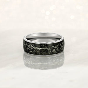 "STARDUST" Grooms Collection - Tungsten Carbide Silver Ring 8mm, 6mm w/ Meteorite Dust and Silver Specs