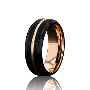 "EQUINOX" Tungsten Carbide Black Ring 8mm w/ Rose Gold Middle Line