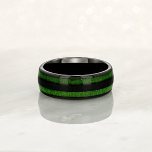 "TIMBER" Tungsten Carbide Black Ring 8mm w/ Green Dyed Koa Wood