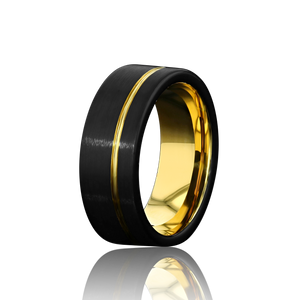 "DIVERGENT" Tungsten Carbide Black Ring 8mm w/ Asymmetrical Yellow Gold Line