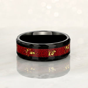 “EMPEROR” Tungsten Carbide Black Ring 8mm w/ Crushed Rubies and Gold Leaf