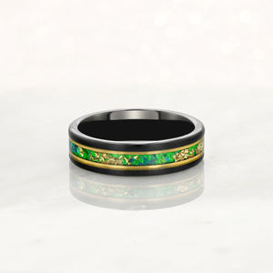 “Binary" Tungsten Carbide Black Ring 6mm, 8mm w/ Green Opal, Gold Accents and Gold Leaf