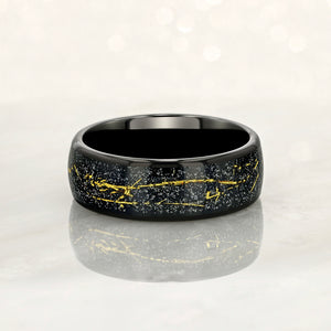 "STARDUST"  Tungsten Carbide Black Ring 8mm w/ Meteorite Dust and Gold Specs