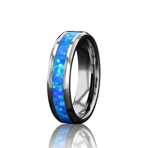 “IRIDESCENCE” Tungsten Carbide Silver Ring 6mm w/ Blue Opal