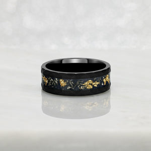 “RADIANT” Tungsten Carbide Black Ring 8mm w/ Meteorite and Gold Leaf