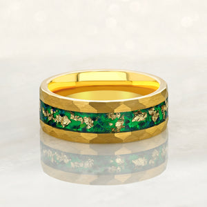 “RADIANT” Tungsten Carbide Gold Ring 8mm w/ Green Opal and Gold Leaf