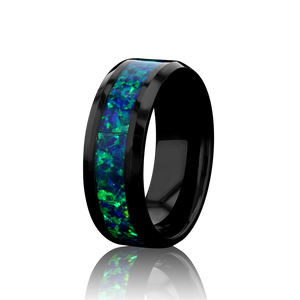 “IRIDESCENCE” Tungsten Carbide Black Ring 8mm w/ Blue-Green Opal