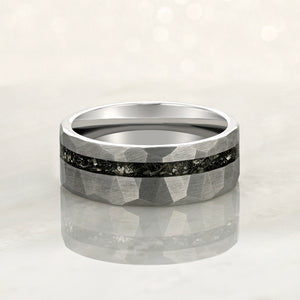 "ECLIPSE" Tungsten Carbide Silver Hammered Ring 8mm w/ Crushed Meteorite