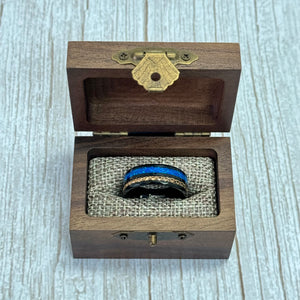 "TETHER" Tungsten Carbide Black Ring 8mm w/ Blue Opal and Rose Gold Weave