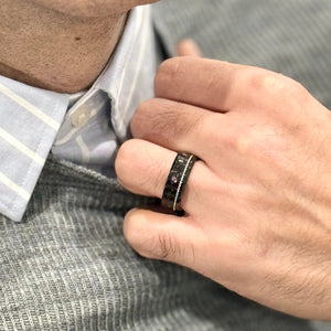 "TETHER"  Tungsten Carbide Black Ring 8mm w/ Black Pearl and Silver Rope