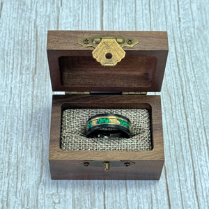“Binary" Tungsten Carbide Black Ring 6mm, 8mm w/ Green Opal, Gold Accents and Gold Leaf