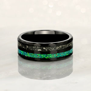 “CELESTIAL” Tungsten Carbide Black Ring 8mm w/ Meteorite and Crushed Green Opal