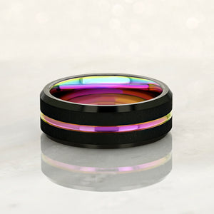"EQUINOX" Tungsten Carbide Black Ring 8mm w/ Rainbow Middle Line