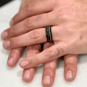 "TETHER"  Tungsten Carbide Black Ring 8mm w/ Black Pearl and Silver Rope