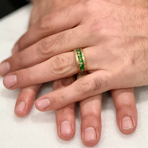 “RADIANT” Tungsten Carbide Gold Ring 8mm w/ Green Opal and Gold Leaf