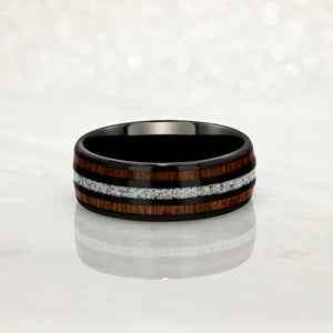 "HALO" Tungsten Carbide Black Ring 8mm w/ White Turquoise and Koa Wood
