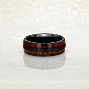 "TIMBER" Tungsten Carbide Black Ring 8mm w/ Red Dyed Koa Wood