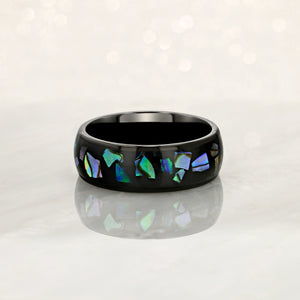 "ENIGMA" Tungsten Carbide Black Ring 8mm w/ Abalone Shell and Opal