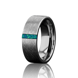 "APEX" Tungsten Carbide Silver Brushed Ring 8mm w/ Blue - Green Opal - Pristine Pieces By Amy