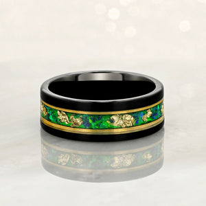 “Binary" Tungsten Carbide Black Ring 6mm, 8mm w/ Green Opal, Gold Accents and Gold Leaf - Pristine Pieces By Amy