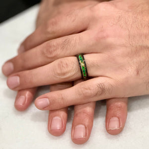 “Binary" Tungsten Carbide Black Ring 6mm, 8mm w/ Green Opal, Gold Accents and Gold Leaf - Pristine Pieces By Amy