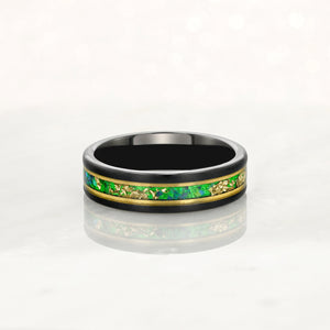 “Binary" Tungsten Carbide Black Ring 6mm, 8mm w/ Green Opal, Gold Accents and Gold Leaf - Pristine Pieces By Amy