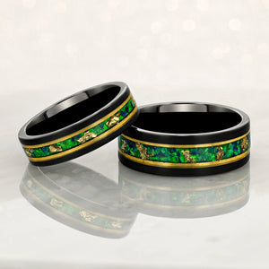 “Binary" Tungsten Carbide Black Ring 6mm, 8mm w/ Green Opal, Gold Accents and Gold Leaf - Pristine Pieces By Amy