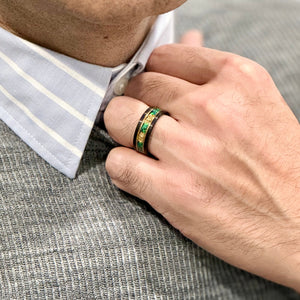 “Binary" Tungsten Carbide Black Ring 6mm, 8mm w/ Green Opal, Gold Accents and Gold Leaf - Pristine Pieces By Amy