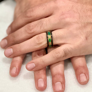 “Binary" Tungsten Carbide Black Ring 8mm, 6mm w/ Green Opal, Gold Accents and Gold Leaf - Pristine Pieces By Amy