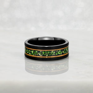 “Binary" Tungsten Carbide Black Ring 8mm w/ Meteorite, Emeralds and Rose Gold Accents - Pristine Pieces By Amy