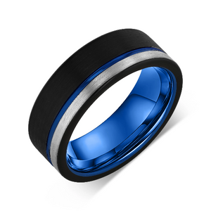"DIVERGENT" Tungsten Carbide Black Ring 8mm w/ Asymmetrical Blue Line and Brushed Silver