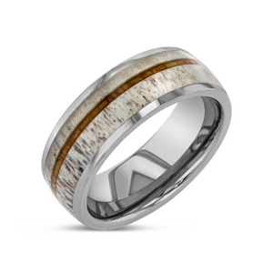 “Primal” Tungsten Carbide Silver Ring 8mm w/ Asymmetrical Whiskey Barrel and Naturally Shed Deer Antler