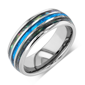 "MOSAIC" Tungsten Carbide Silver Ring 8mm w/ Opal and Abalone