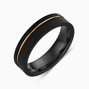 "DIVERGENT" Tungsten Carbide Black Ring 6mm w/ Asymmetrical Rose Gold Line
