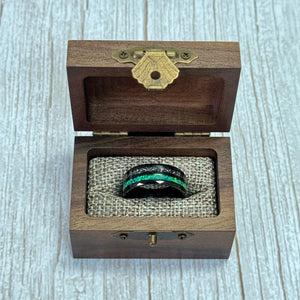 “CELESTIAL” Tungsten Carbide Black Ring 8mm w/ Meteorite and Crushed Green Opal - Pristine Pieces By Amy