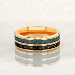 “CELESTIAL” Tungsten Carbide Rose Gold Ring 8mm w/ Meteorite and Aquamarine - Pristine Pieces By Amy