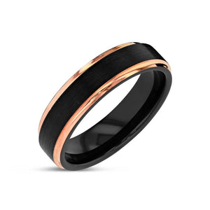 "CHROMATIC" Tungsten Carbide Black Ring 6mm w/ Rose Gold Edges - Pristine Pieces By Amy