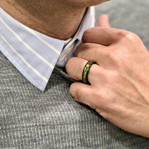 (Couples) “Binary" Tungsten Carbide Black Ring 8mm, 6mm w/ Green Opal, Gold Accents and Gold Leaf - Pristine Pieces By Amy