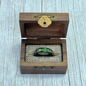 (Couples) “Binary" Tungsten Carbide Black Ring 8mm, 6mm w/ Green Opal, Gold Accents and Gold Leaf - Pristine Pieces By Amy