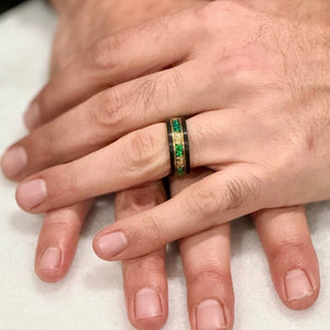 (Couples) “Binary" Tungsten Carbide Black Ring 8mm, 6mm w/ Green Opal, Gold Accents and Gold Leaf - Pristine Pieces By Amy