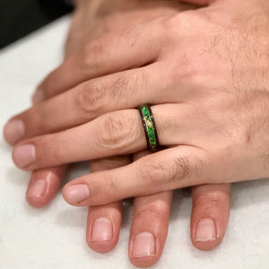 (Couples) “Binary" Tungsten Carbide Black Ring 8mm, 6mm w/ Green Opal, Gold Accents and Gold Leaf - Pristine Pieces By Amy