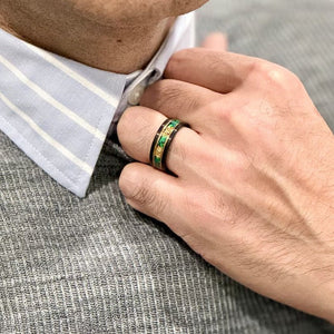 (Couples) “Binary" Tungsten Carbide Black Ring 8mm, 6mm w/ Green Opal, Gold Accents and Gold Leaf - Pristine Pieces By Amy